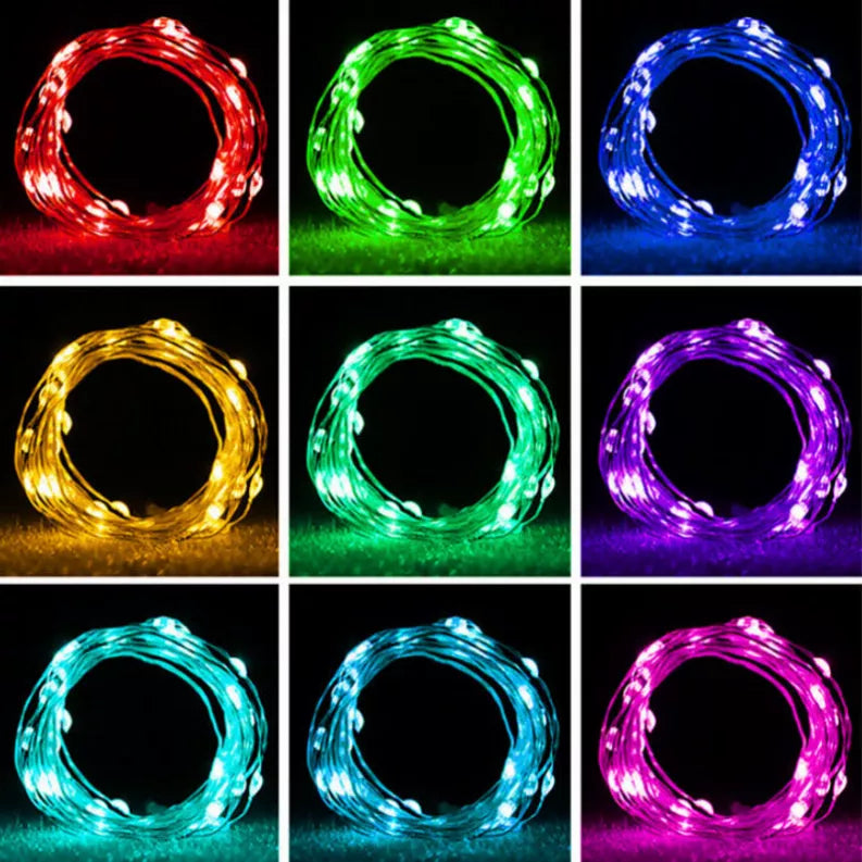 Mini home string lights color swatches: red, green, blue, purple, gold, and pink wires