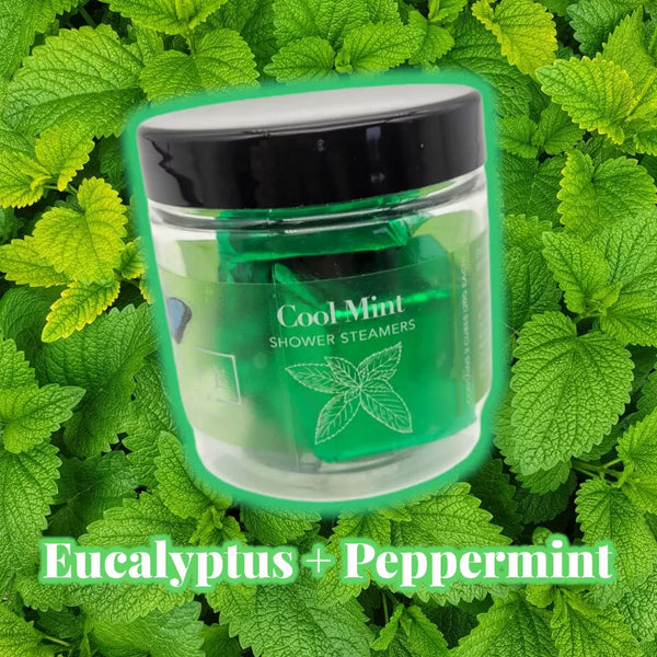 Cool Mint shower steamer jar with green cubes; eucalyptus + peppermint label