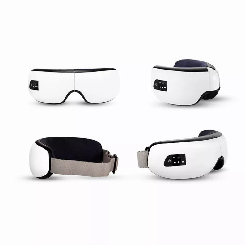 White eye massager set: front and side views with adjustable head strap