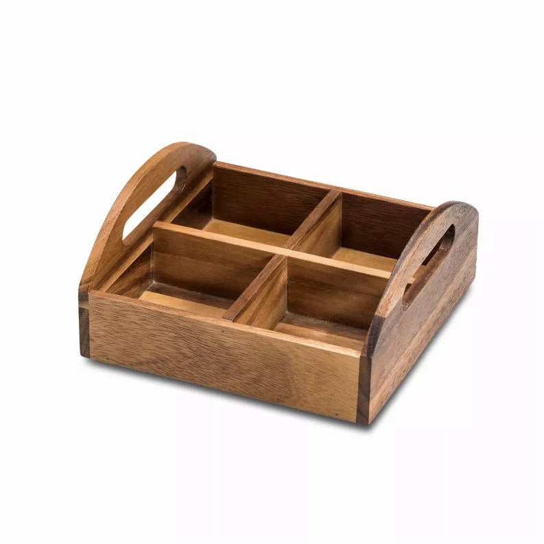 Wooden 4-compartment snack tray with divided sections and two side handles