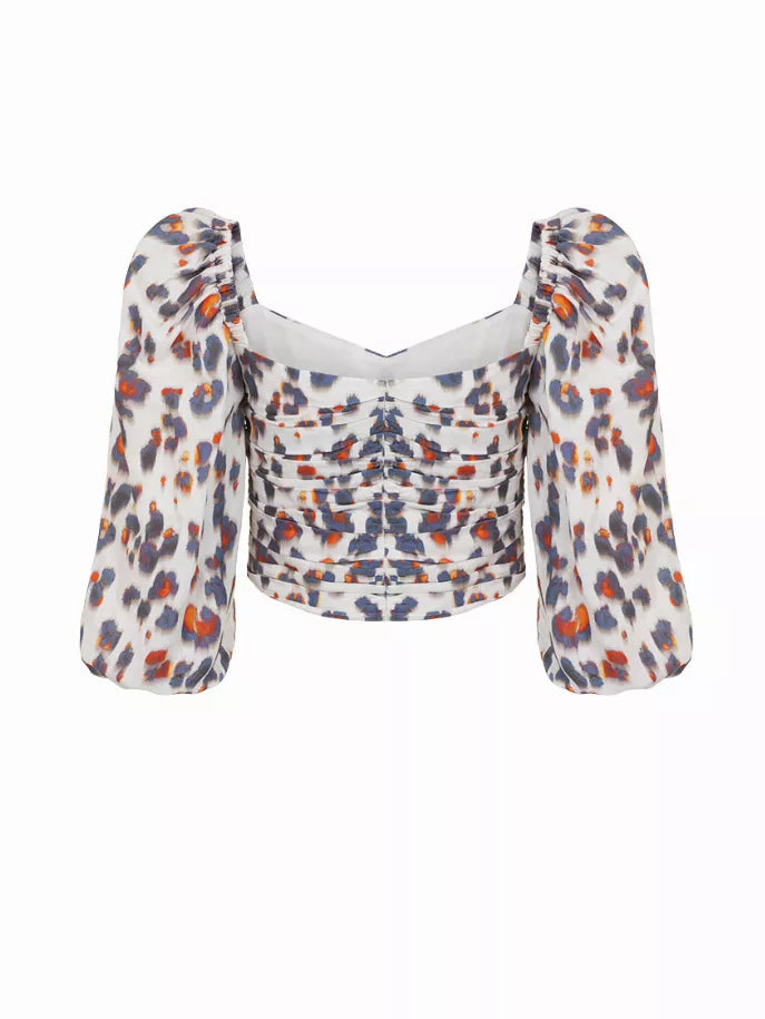 Leopard-print puff-sleeve crop top with ruched square yoke