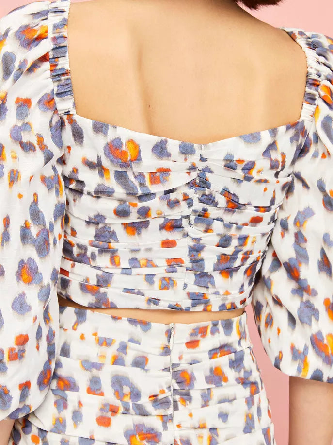 Leopard-print ruched square-back crop top with gathered straps