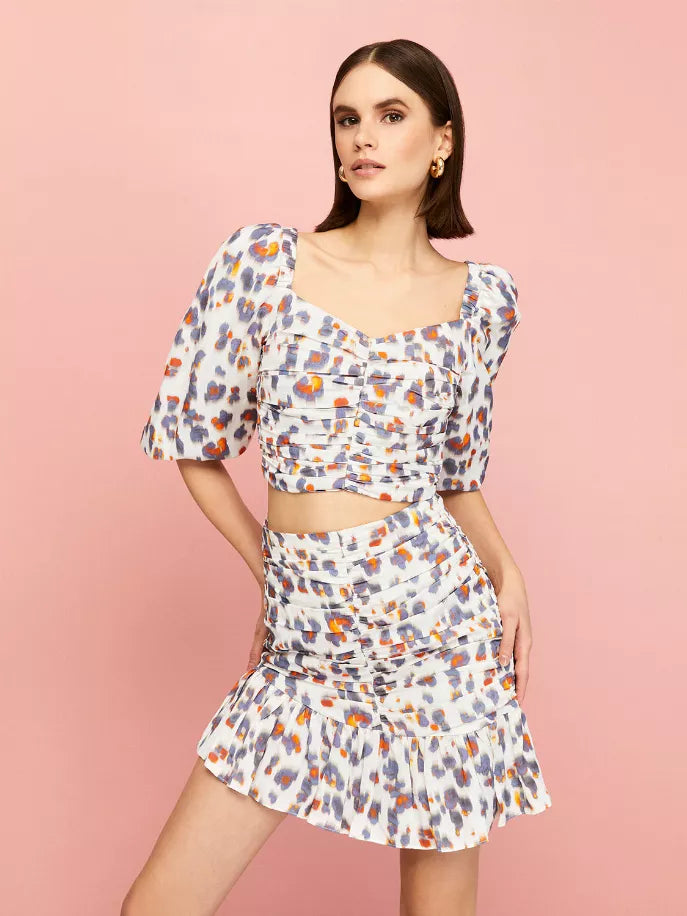 Leopard-print puff-sleeve crop top with ruched bodice and square neckline