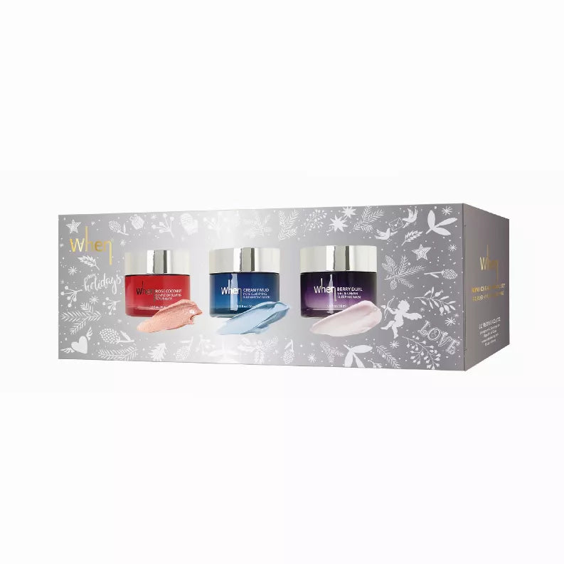 Holiday cream mask trio set gift box with three jar tops in red, blue, and purple