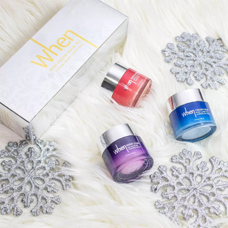 Three mini sleeping mask jars: red, blue, and purple, on white surface