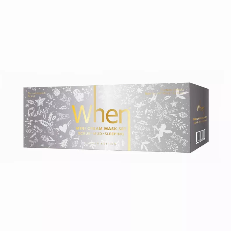 When cream mask trio set box with gray holiday design and gold When title