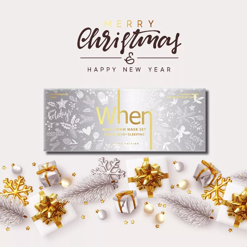 When cream mask trio set gift box, gray with gold When logo and holiday graphics