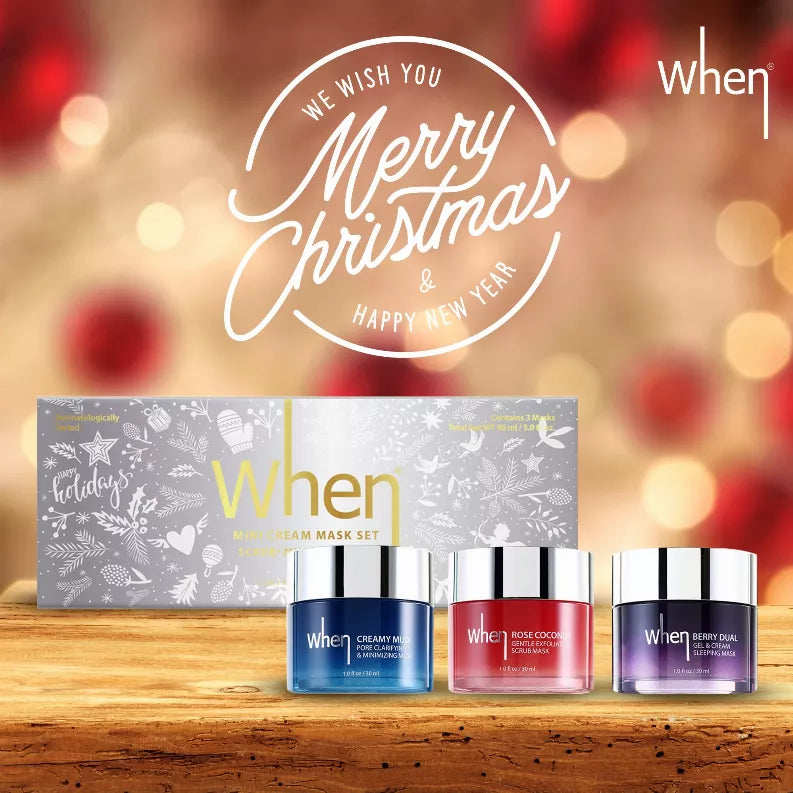 Mini cream mask trio set with three jars in blue, red, and purple on display