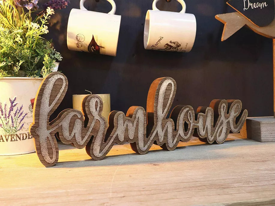 Farmhouse tabletop word sign in brown wood with white distressed lettering, freestanding