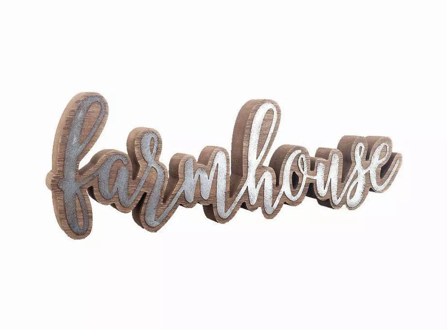 Farmhouse tabletop sign with brown wood script letters and white distressed edge detail