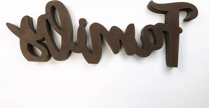 'Family' wooden word sign with raised carved letters on a light background