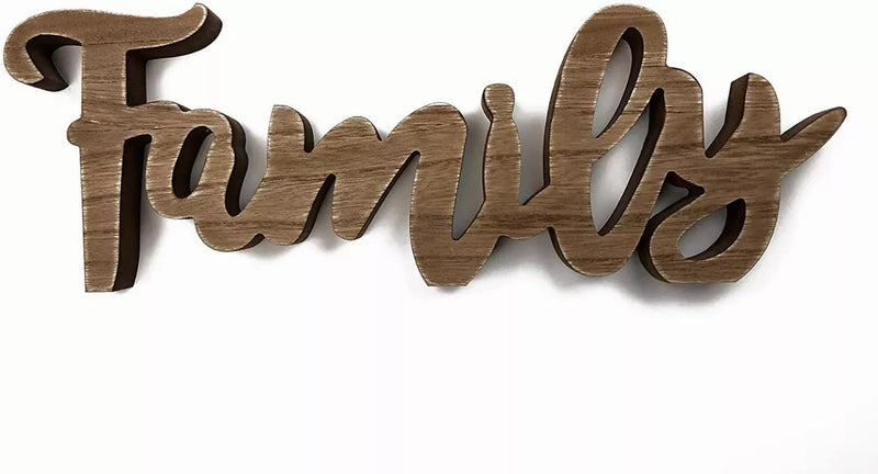 Wooden tabletop sign reading 'Family' in rustic carved script letters