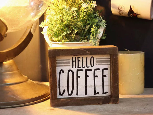 Rustic wooden box sign with “HELLO COFFEE” text, freestanding farmhouse style
