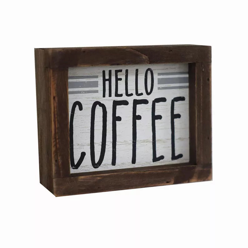 Rustic wooden box sign plaque with bordered “HELLO COFFEE” lettering