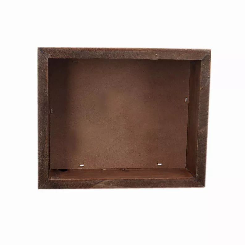 Back of rustic wooden box sign with empty interior and mounting points
