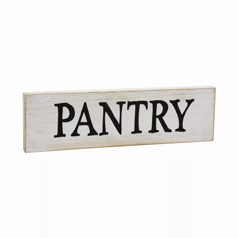 Whitewashed wood pantry sign with 'PANTRY' black distressed lettering, wall mount frame