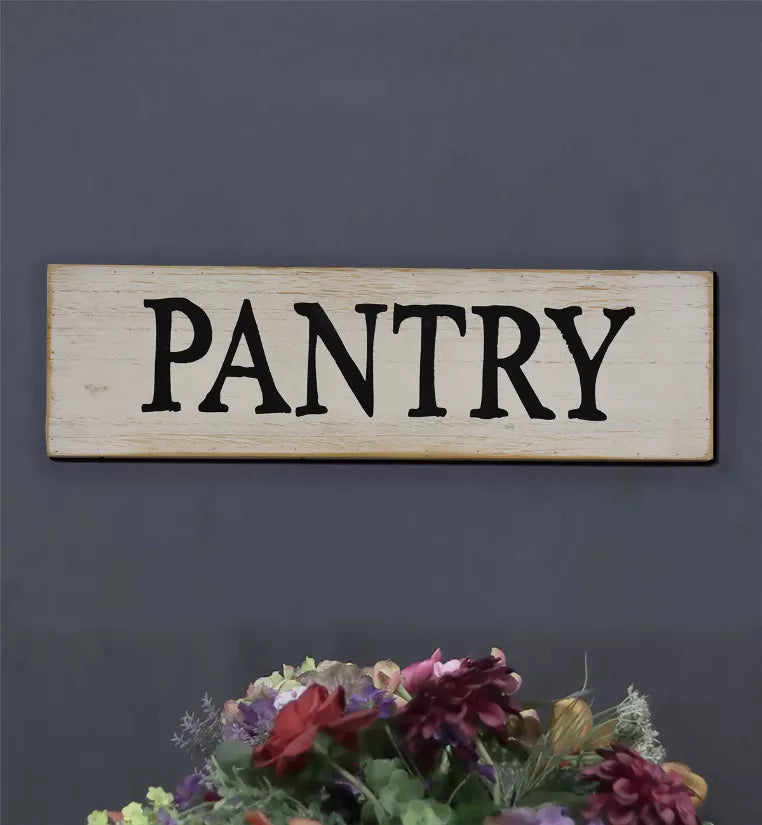 Framed whitewashed wood wall sign with 'PANTRY' in bold black distressed letters