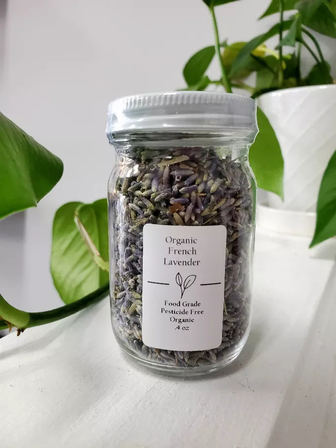 Jar of organic French lavender buds with label, 4 oz