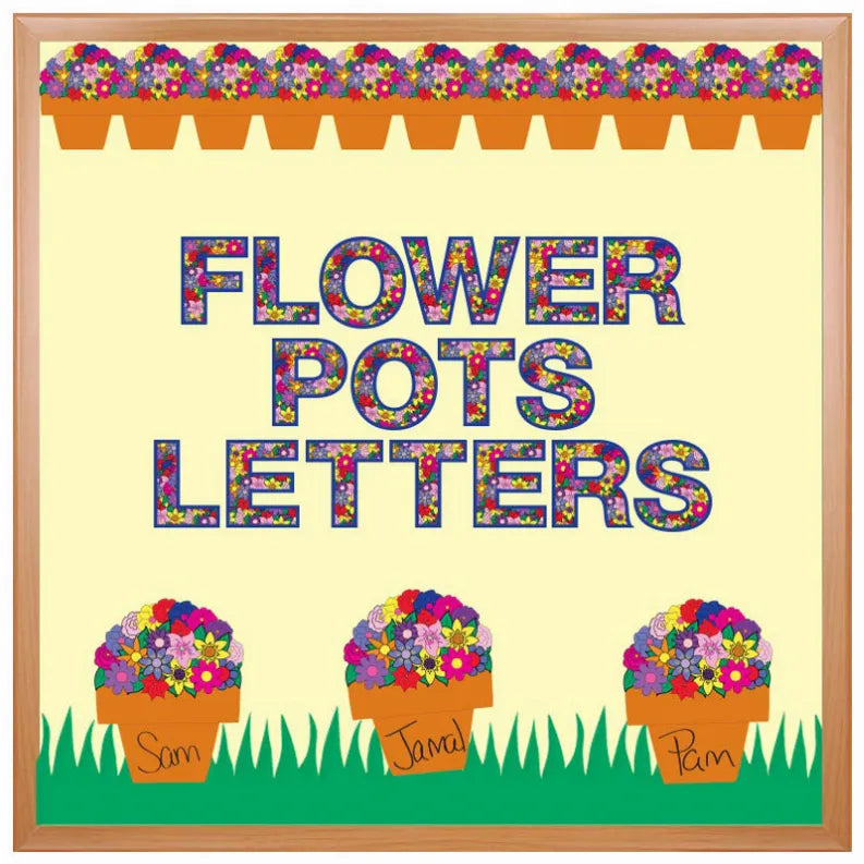 Colorful flower pot punch-out letters set with bold floral shapes.