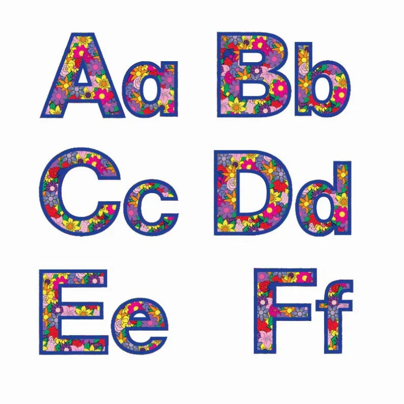 Flower pot punch-out letters cutouts: floral-pattern A, b, C, D, E, and F.