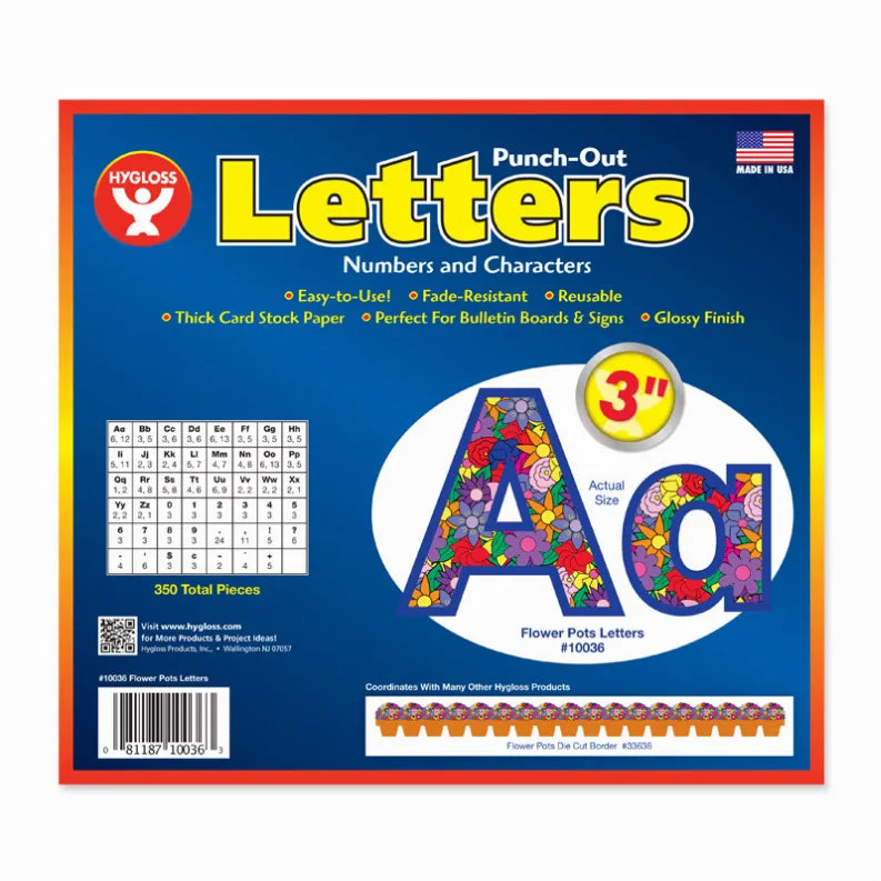 Flower pot punch-out letters package for numbers and characters, reusable card letters.