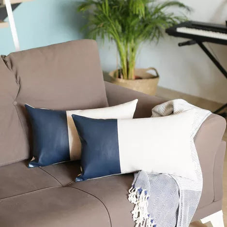 Bohemian Vegan Faux Leather Detailed Throw Pillow Set of 4 - Navy Blue / 1 / 12"x20" - Pillows
