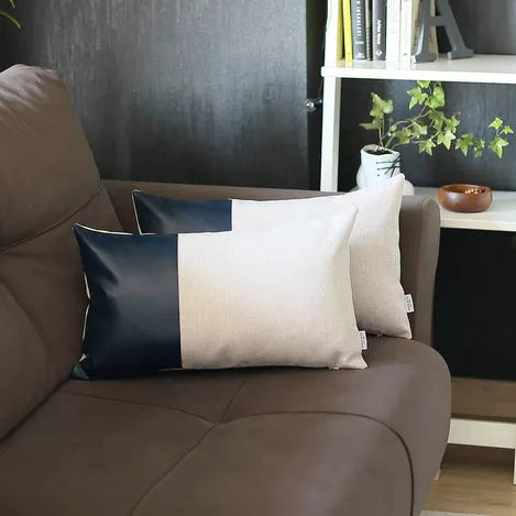 Bohemian Vegan Faux Leather Detailed Throw Pillow Set of 4 - Navy Blue / 1 / 12"x20" - Pillows
