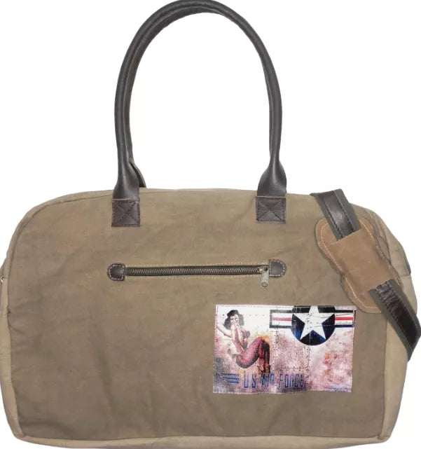 Canvas travel duffel bag with top handles, front zip pocket, and printed patch
