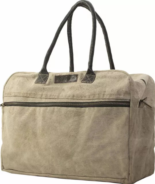 Canvas duffel bag with dual top handles and full-length side zipper
