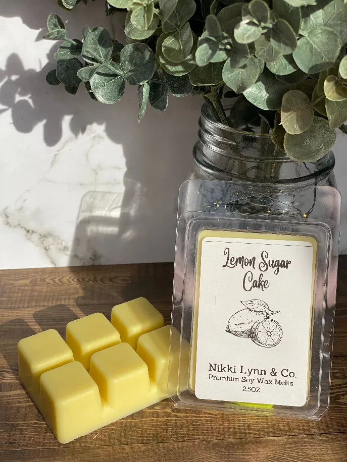Lemon Sugar Cake sugar wax melts pack: clear clamshell with yellow cubes and label.