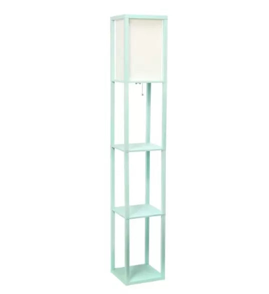 Aqua column shelf floor lamp with linen shade and three open shelves