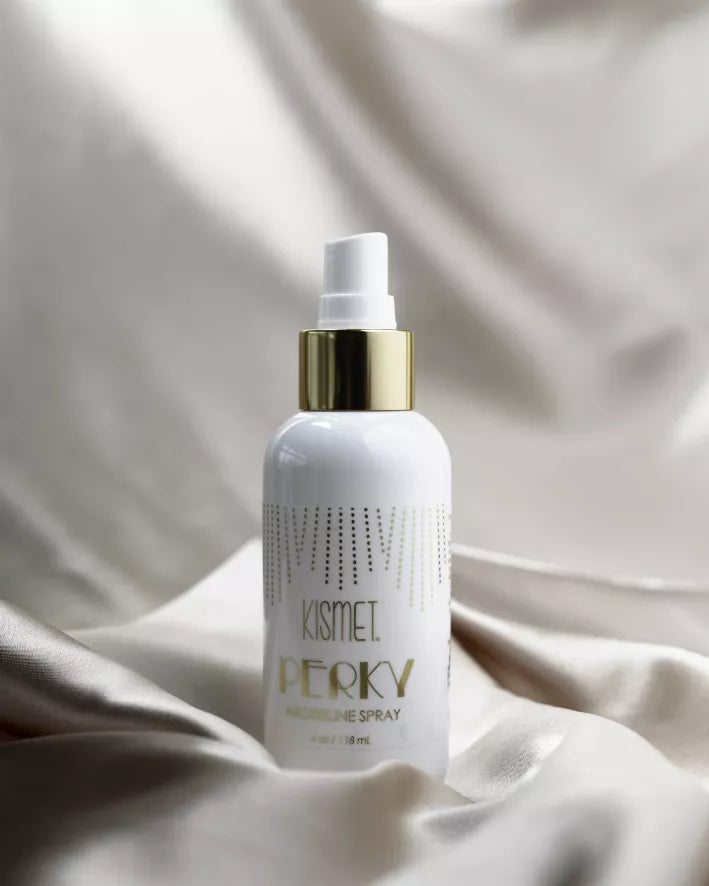 Kismet Perky argireline spray bottle, white plastic with gold pump top