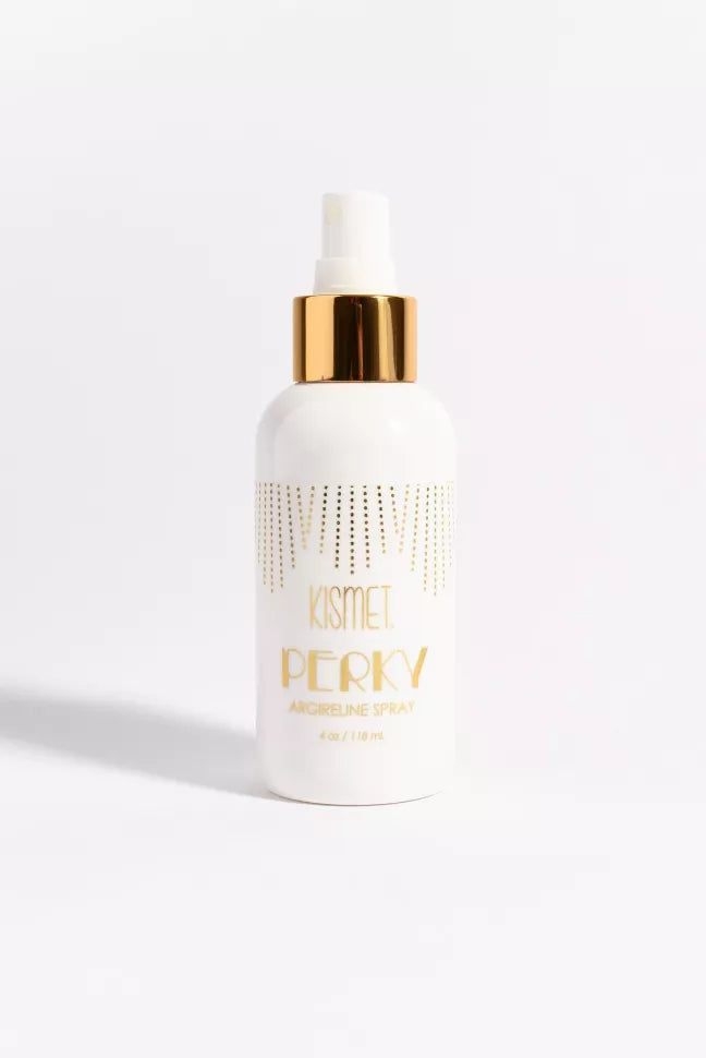 Kismet Perky argireline spray bottle with gold cap, white pump dispenser
