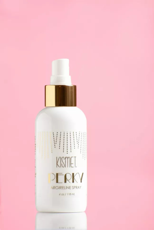 Kismet Perky argireline spray bottle with gold pump, white bottle