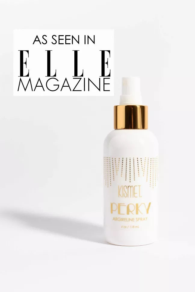 Kismet Perky argireline spray bottle, white with gold cap; As seen in ELLE