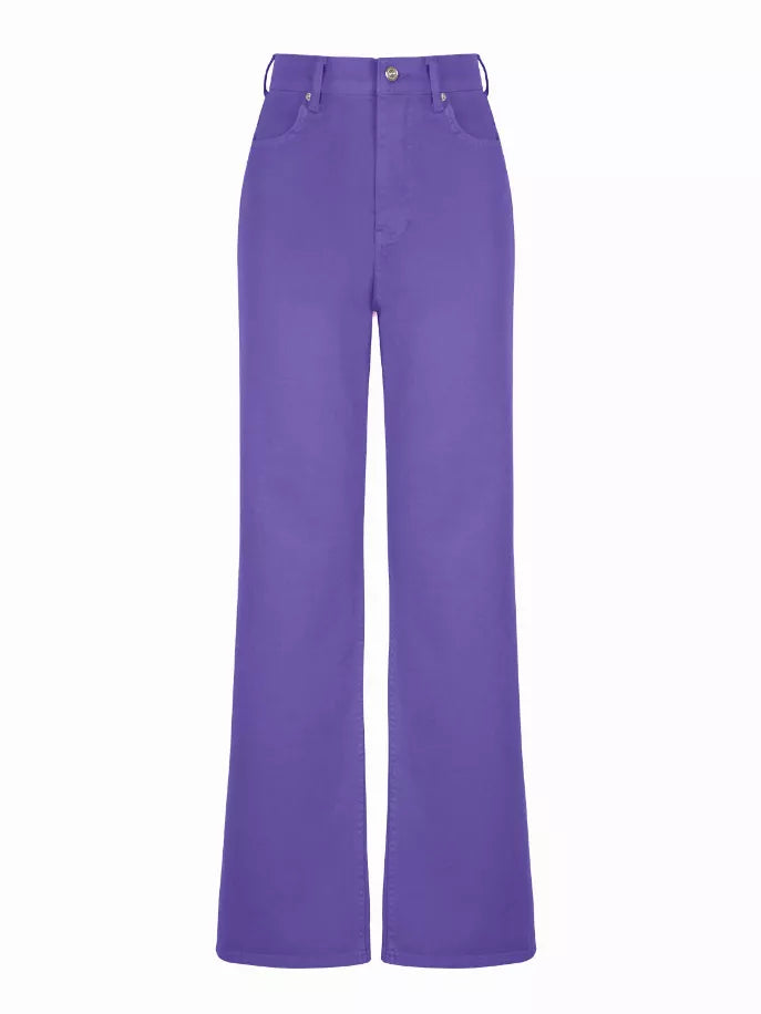 Purple wide-leg jeans with button fly and belt loops, flat lay