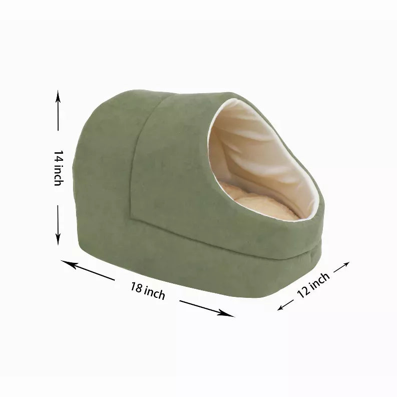 GOOPAWS cat cave bed in olive green with round tunnel opening; 18in L, 14in H, 12in W