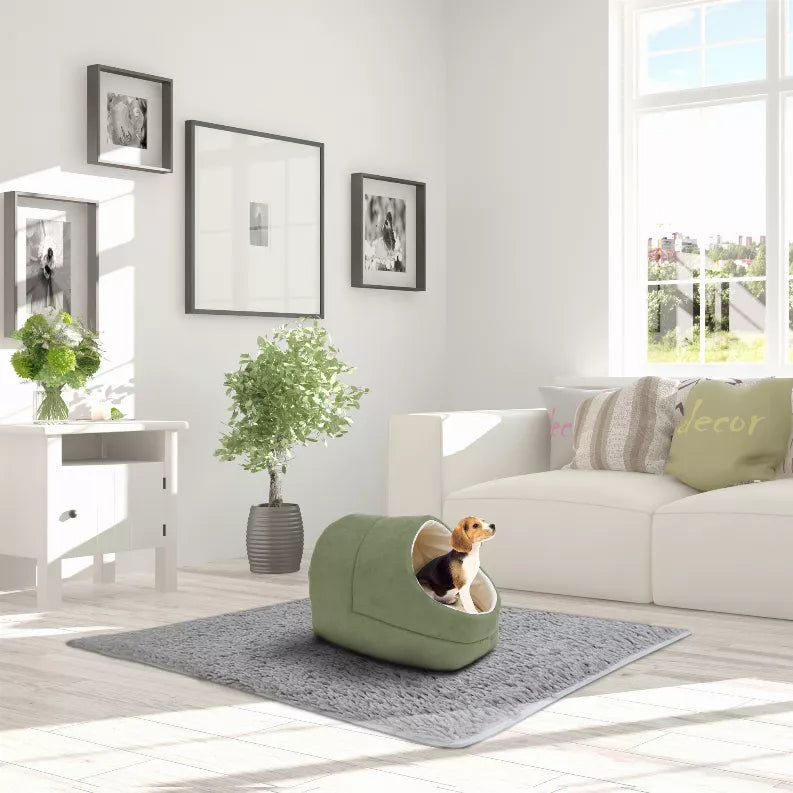 GOOPAWS cat cave bed in olive green with round entrance; cat peeking from the opening