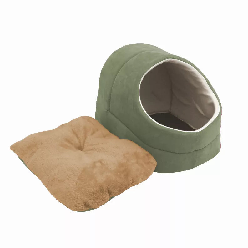 GOOPAWS cat cave bed in olive green with round tunnel opening; includes beige cushion pad