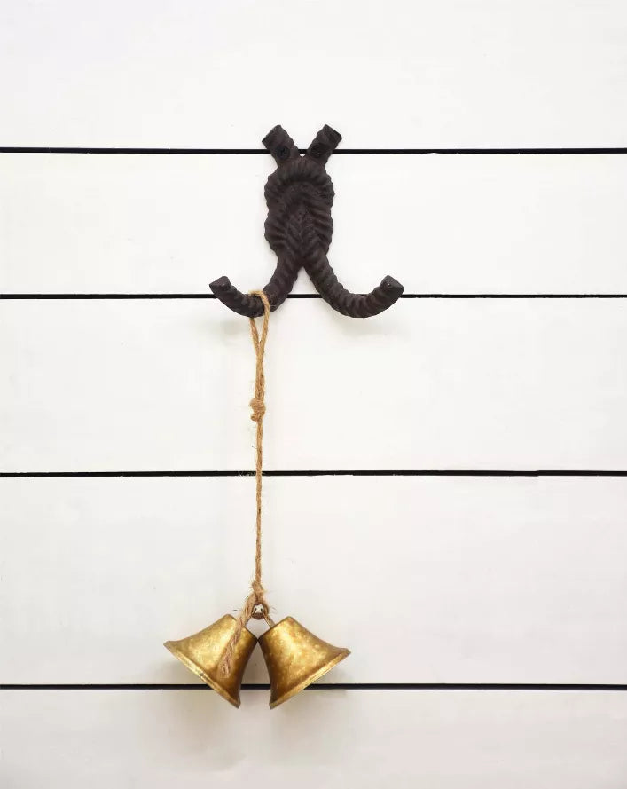 Cast iron rope wall hook with antique brass bell charms