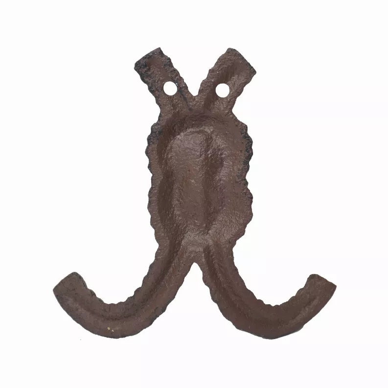 Rope-style cast iron wall hook with round center and two prongs