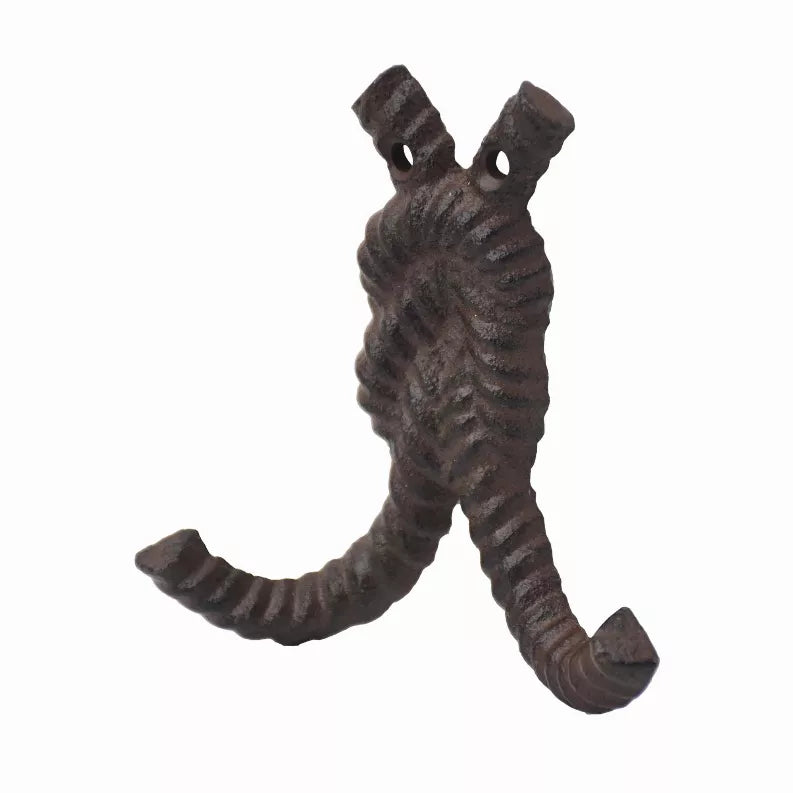 Rope-style cast iron wall hook, angled view, two mounting holes