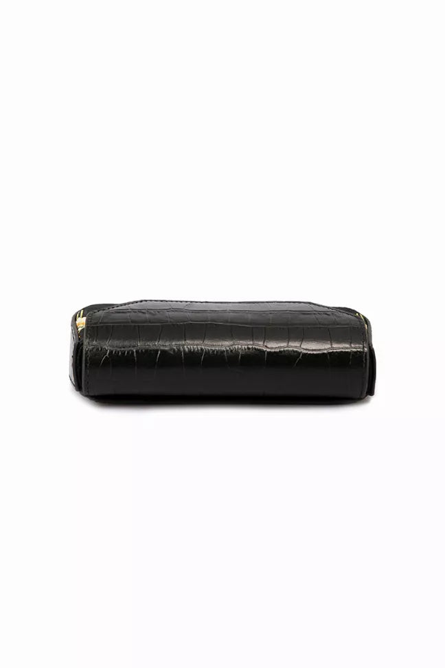 Black croc-texture clutch bag with top flap closure