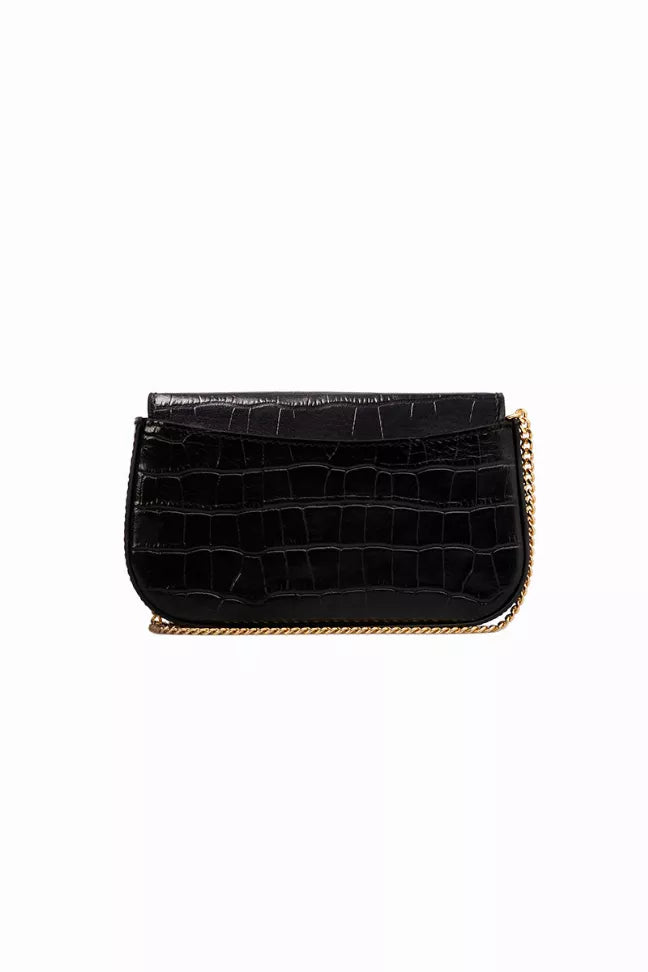 Black croc-texture flap bag with gold chain strap side detail