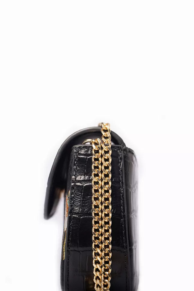Black croc-texture side of chain bag with gold chain strap