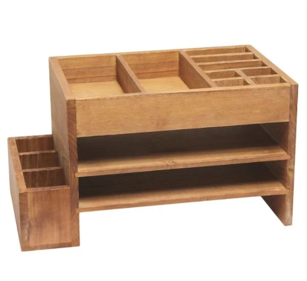 Natural wood desk organizer with tiered cubbies and letter tray, open compartments