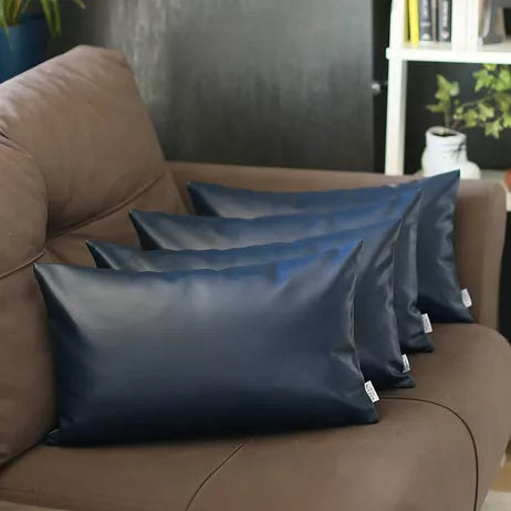 Bohemian Vegan Faux Leather Throw Pillow Covers - Navy Blue - Set of 4 / 1 / 12"x20" - Pillows