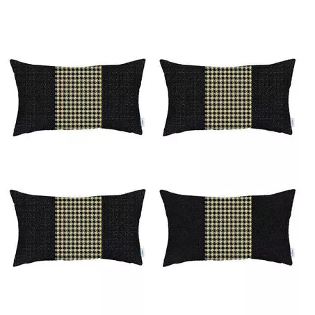 Set of four black and yellow houndstooth jacquard throw pillows, rectangular