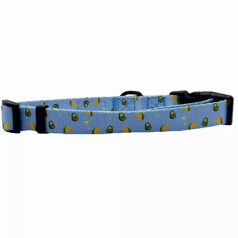 Blue fabric dog collar with taco print and black buckle hardware