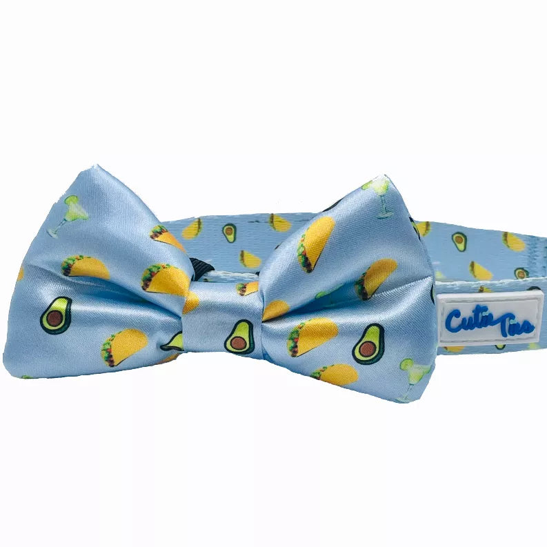 Taco-print blue dog bow collar with matching fabric strap and knot